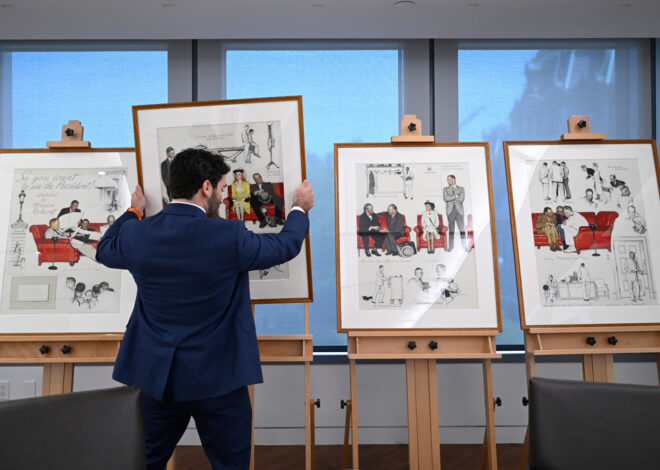 Norman Rockwell people-watched in the West Wing lobby. Now those sketches are on public display