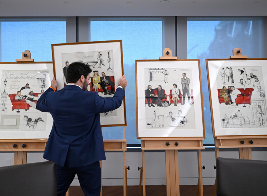 Norman Rockwell people-watched in the West Wing lobby. Now those sketches are on public display